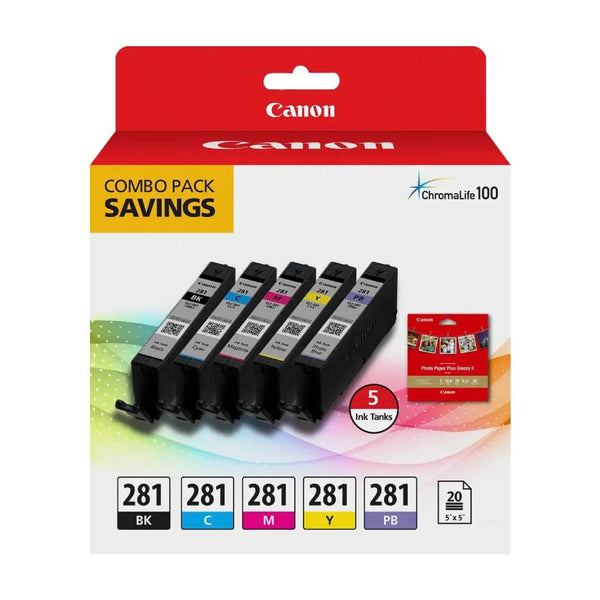 Canon - CLI-281 5-Pack Standard Capacity Ink Cartridges + Photo Paper - Black/Cyan/Magenta/Yellow/Photo Blue