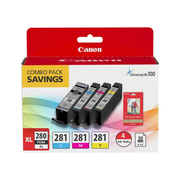 Canon - PGI-280 XL/CLI-281 4-Pack High-Yield - Pigment Black, Standard Capacity - Cyan, Magenta, Yellow Cartridges + Photo Paper - Black/Cyan/Magenta/Yellow